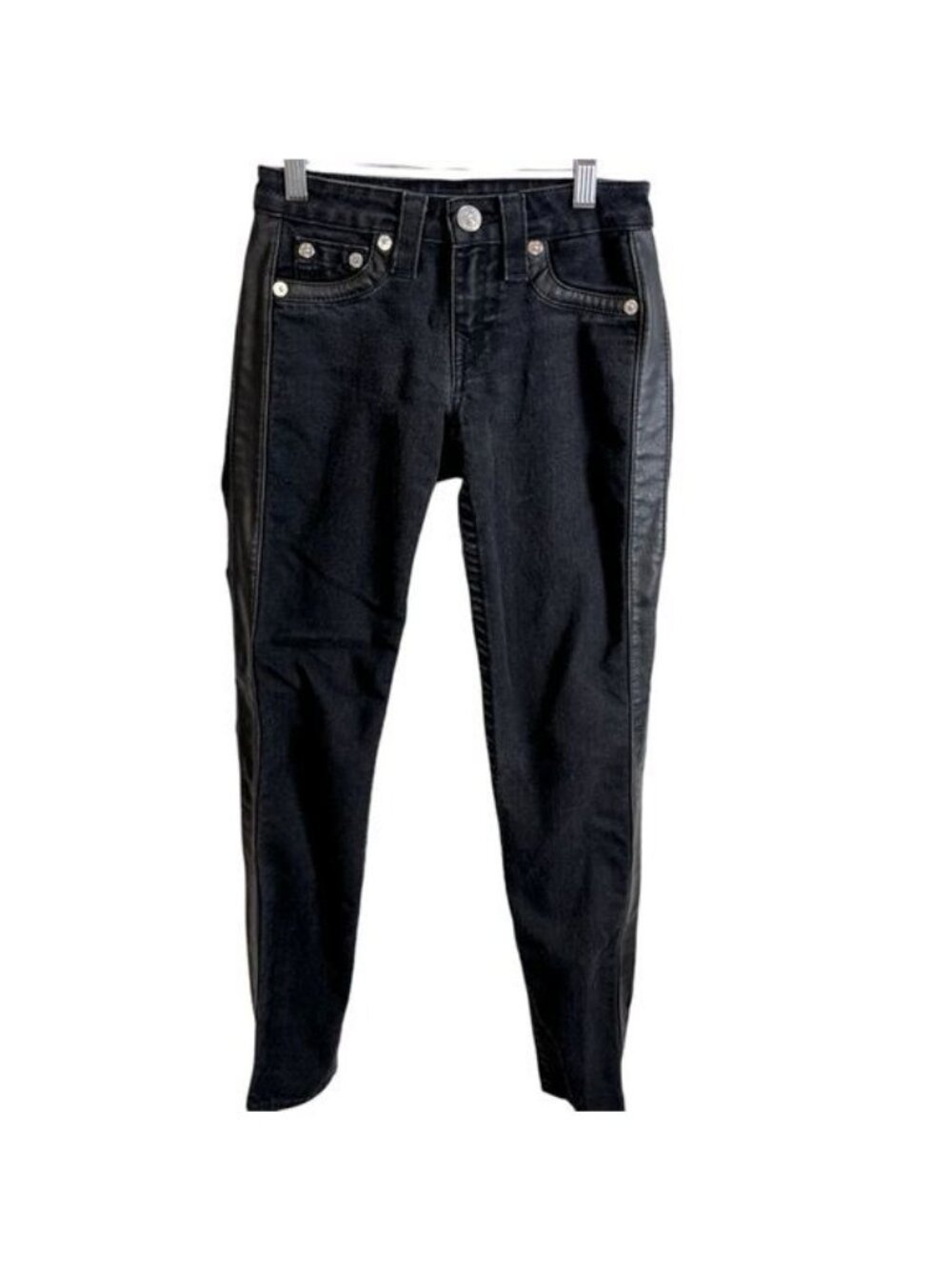 True Religion women’s jeans leggings with faux leather contrast size 24 black